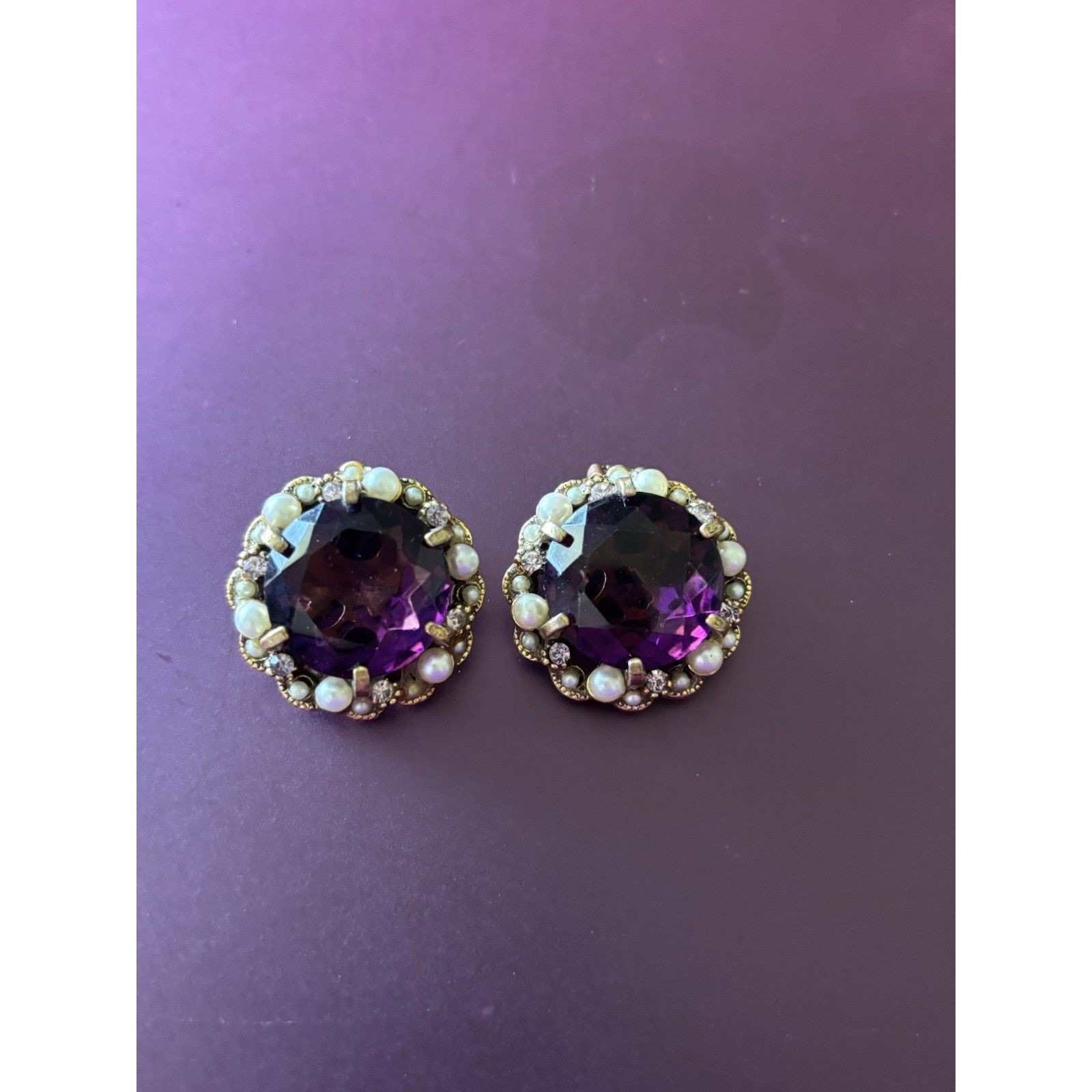 Vtg Arthur Pepper Art Purple Pearl Clip On Earrings Stunning 40$